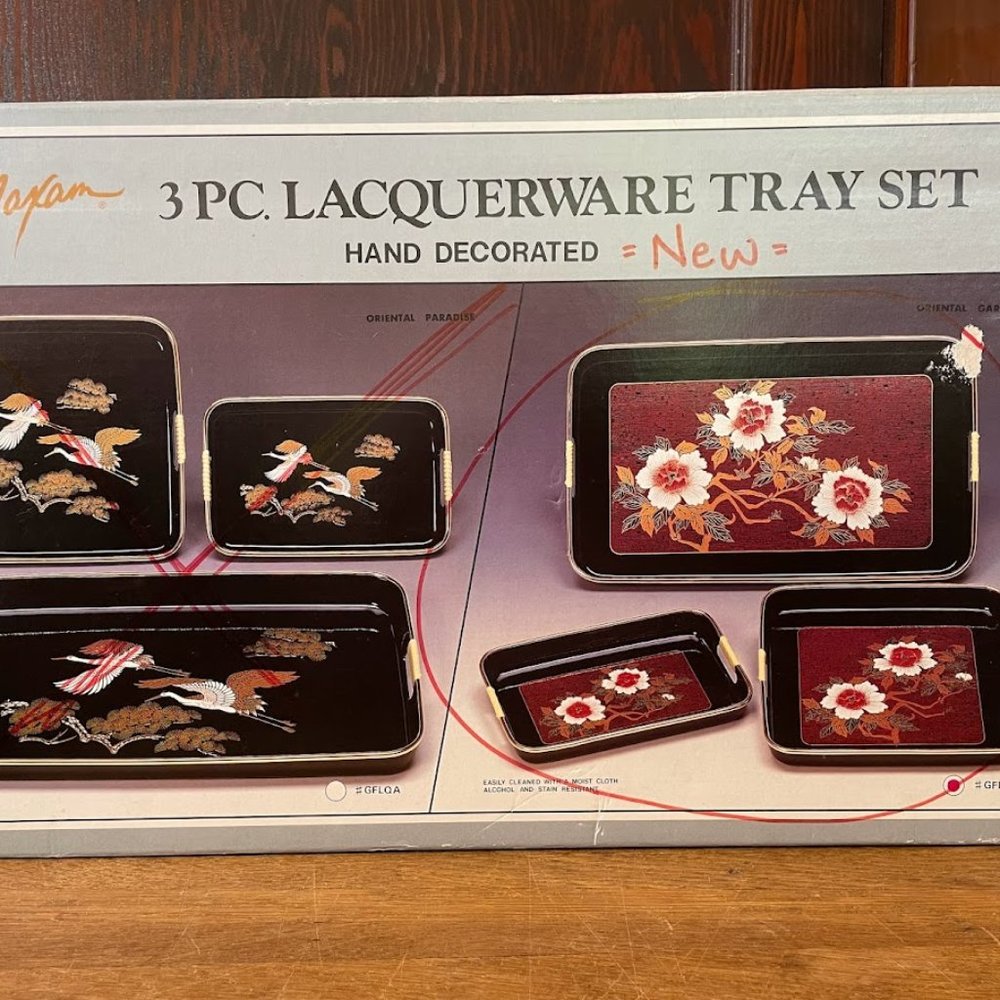 Vintage Lacquerware 3 piece set Floral Red Gold Lacquerware New Old Stock